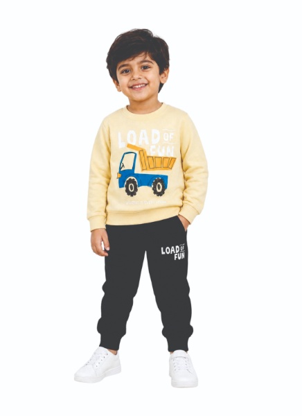 Kids Boys Fleece Printed Tracksuit – Load of Fun – Pale Yellow & Black
